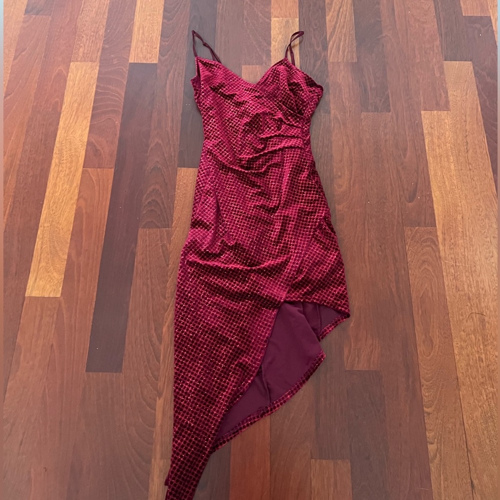 Honey & Rosie Sleevless Spaghetti Strap V-neck, Assymetrical-Hem Sheath Dress